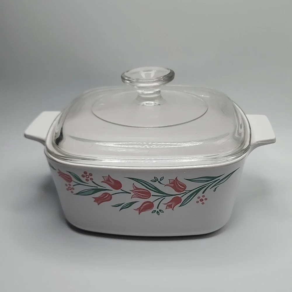 Vintage Corningware Rosemarie Pink Tulips Casserole Dish with Glass Lid